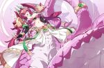  1girl armor black_bridal_gauntlets blush bracelet breastplate breasts breasts_apart bridal_gauntlets from_below gem green_gem groin hair_between_eyes hair_intakes hand_on_own_chest heart-shaped_gem highres huanxiang_huifeng jewelry lamia large_breasts long_hair looking_at_viewer looking_down monster_girl navel open_mouth organic_bra original pauldrons pink_background pink_eyes pink_hair pink_scales pink_tail red_gem shoulder_armor showgirl_skirt solo sparkle strap tail tail_ornament tail_raised tail_ring tiara twintails two-tone_background two-tone_tail very_long_hair white_background white_tail 