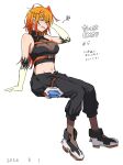  1girl belt black_pants black_shirt blush breasts chest_belt cleavage commentary_request crop_top dated full_body furrowed_brow groin hair_between_eyes highres invisible_chair kuze_shiina large_breasts long_hair looking_at_viewer lyrical_nanoha mahou_shoujo_lyrical_nanoha_exceeds:_gun_blaze_vengeance navel no_jacket one_eye_closed open_mouth orange_belt orange_hair pants shirt shoes sidelocks simple_background sitting solo squiggle stomach sweat takatisakana translation_request white_background white_shoes 