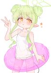  1girl absurdres alternate_costume alternate_hairstyle bad_id bad_pixiv_id blue_archive breasts collarbone commentary_request demon_tail double_bun green_hair green_halo hair_bun halo hand_up highres hikari_(blue_archive) innertube legs_apart long_sidelocks looking_to_the_side nunu_(pos_9862) one-piece_swimsuit parted_lips pointy_ears short_eyebrows short_hair short_hair_with_long_locks sidelocks simple_background small_breasts solo sparkle swim_ring swimsuit tail v white_background white_one-piece_swimsuit yellow_eyes 