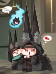  2girls absurdres animal_ear_fluff animal_ears aqua_jacket black_coat black_hair black_hood blush coat fox_ears fox_girl fur-trimmed_coat fur_coat fur_trim heart highres hoshimi_miyabi jacket long_hair multiple_girls open_mouth red_eyes seogu_tjwn swordmaster_(zenless_zone_zero) tailless_(zenless_zone_zero) tongue tongue_out twitter_username zenless_zone_zero 