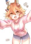  +_+ 1girl animal_ears dolphin_shorts ear_covers highres horse_ears horse_girl kasaneri matikanefukukitaru_(umamusume) orange_hair shorts single_ear_cover solo sweater umamusume white_background yellow_eyes 