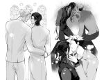  2boys ahoge aladdin_(sinoalice) asymmetrical_bangs beard_stubble blood blood_on_clothes comforting commentary commission earrings english_commentary facial_hair formal_clothes fringe_trim glasses gloves hair_bun hair_ornament hair_slicked_back hairclip hameln_(sinoalice) jewelry kiss kneeling looking_at_another medium_hair multicolored_hair multiple_boys multiple_persona open_mouth pants ponytail rain reality_arc_(sinoalice) second-party_source shirt short_hair sinoalice smile solla_(0569cm) stubble two-tone_hair watch wedding wet window wristwatch yaoi 