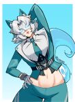  1girl animal_ear_fluff animal_ears arm_behind_head artist_name blue_background blue_jacket blue_necktie blue_pants border commentary fox_ears fox_girl fox_tail gloves hand_on_own_hip highres jacket looking_at_viewer marvel marvel_rivals mask navel necktie pants selvish94 shirt short_hair solo tail tiger_division white_border white_fox_(marvel) white_gloves white_hair white_shirt 