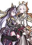  2girls absurdres ahoge animal_ears ascot black_ascot black_boots black_gloves black_shorts black_skirt blue_eyes blush boots brown_hair closed_mouth coat colored_bangs commentary_request dream_journey_(reminder_of_dreamland)_(umamusume) dream_journey_(umamusume) ear_covers eyewear_strap fishnet_pantyhose fishnets gem glasses gloves green_gem hair_between_eyes highres horse_ears horse_girl horse_tail jacket kikkasoon long_hair long_sleeves looking_at_viewer multicolored_hair multiple_girls orange_hair orfevre_(control)_(umamusume) orfevre_(umamusume) pantyhose puffy_sleeves red_shirt shirt shorts simple_background single_ear_cover skirt tail thigh_boots two-tone_hair umamusume white_background white_coat white_hair 