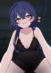  1girl absurdres alternate_costume alternate_hair_length_(longer) arutemisu180 babydoll belle_(zenless_zone_zero) black_babydoll blue_hair blush breasts collarbone commentary english_commentary girl_on_top heart heart-shaped_pupils highres indoors lace-trimmed_babydoll lace_trim large_breasts lingerie long_hair looking_at_viewer navel panties pov see-through_clothes smile solo symbol-shaped_pupils underwear zenless_zone_zero 