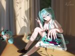  1girl :p absurdres aqua_eyes aqua_hair aqua_nails aqua_necktie artist_name character_doll collared_shirt commentary_request curtains doll foot_out_of_frame hair_between_eyes hair_ornament hatsune_miku highres indoors kloan knee_up kneehighs loafers long_hair looking_at_viewer nail_polish necktie on_floor plant shadow shirt shoes short_sleeves sitting skirt socks solo tongue tongue_out twintails v very_long_hair vocaloid white_shirt white_socks wooden_floor x_hair_ornament 