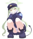  1girl absurdres armband black_tail blue_archive blue_armband buttons cameltoe commentary_request demon_tail double-breasted elbow_rest elbows_on_knees from_below full_body gloves green_hair green_halo halo hands_on_own_cheeks hands_on_own_face hat head_rest highres long_hair looking_at_viewer nonkichi nozomi_(blue_archive) panties pantyshot peaked_cap pointy_ears solo squatting tail train_conductor twintails underwear white_background white_gloves white_panties 