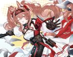  1girl :d ;d absurdres angelina_(arknights) angelina_the_mellow_wish_(arknights) animal_ear_fluff animal_ears arknights bird black_collar black_gloves black_hairband breasts brown_hair chinese_commentary cleavage collar commentary_request cowboy_shot detached_sleeves dress earpiece fox_ears fox_girl gloves hair_between_eyes hair_intakes hairband highres holding holding_staff huizhoumao infection_monitor_(arknights) long_hair long_sleeves looking_at_viewer multicolored_hairband one_eye_closed open_mouth pleated_dress red_dress seagull smile solo staff standing twintails two-tone_hairband watermark weibo_watermark white_dress 