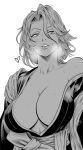 1girl absurdres bleach bleach:_sennen_kessen-hen breasts breath collarbone commentary english_commentary greyscale heart highres japanese_clothes kimono large_breasts lips looking_at_viewer matsumoto_rangiku mole mole_under_mouth monochrome mostlybluewyatt parted_lips short_hair signature simple_background single_bare_shoulder smile solo sweat upper_body white_background 