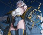  1girl absurdres bare_shoulders blue_background breasts casting_spell closed_mouth coat coat_partially_removed coat_pouch commentary_request double-parted_bangs flipped_hair from_below gloves gold_halo gong_dol_hong gradient_background grey_eyes hairband high-waist_shorts highleg_shorts highres korean_commentary long_sleeves looking_at_viewer medium_breasts multicolored_coat open_hands outstretched_arms renewa_(trickcal) ribbed_shirt shirt shirt_tucked_in short_hair shorts sideboob sidelocks skindentation sleeveless sleeveless_shirt solo thighhighs thighs trickcal two-tone_coat white_hair 