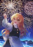  1girl absurdres aerial_fireworks ahoge apron black_skirt black_vest blonde_hair bow braid commentary_request fireworks hair_bow highres holding holding_fireworks kirisame_marisa long_hair long_sleeves missing_headwear night open_mouth outdoors red_bow side_braid single_braid skirt smile solo soooooook2 sparkler touhou very_long_hair vest waist_apron white_apron white_bow yellow_eyes 