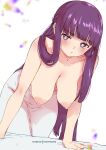  1girl :t absurdres artist_name bilingual_commentary blurry blurry_foreground blush breasts bright_pupils collarbone commentary_request dress english_commentary eyelashes fern_(sousou_no_frieren) hanging_breasts hanta_(hantachi) highres large_areolae large_breasts leaning_forward long_hair looking_at_viewer mixed-language_commentary nipples patreon_username pout puffy_nipples purple_eyes purple_hair solo sousou_no_frieren white_background white_dress white_pupils 