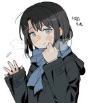  1girl adjusting_scarf black_coat black_hair blue_eyes blue_scarf blush breath closed_mouth coat commentary_request dot_nose from_side hair_ornament hairclip hand_up korean_commentary long_sleeves looking_at_viewer medium_hair meobbab2 open_hand original parallel_hairclips scarf simple_background sleeves_past_wrists smile solo sweatdrop upper_body waving white_background winter_clothes winter_coat 