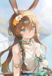 1girl absurdres amiya_(arknights) animal_ears arknights bare_arms blue_choker blue_eyes blue_ribbon braid brown_hair choker closed_mouth commentary dress hair_between_eyes hairband highres jewelry long_hair looking_at_viewer low_ponytail necklace ponytail rabbit_ears ribbon side_braid solo upper_body white_dress xi. 