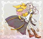  1girl arch_bishop_(ragnarok_online) back_bow black_dress black_hairband boots bow bow_hairband breasts brown_boots commentary_request cross dormir_(challco) dress fishnet_thighhighs fishnets full_body gradient_hair grey_background hairband juliet_sleeves long_hair long_sleeves looking_at_viewer looking_back medium_breasts multicolored_hair open_mouth pink_hair puffy_sleeves ragnarok_online solo standing thighhighs two-tone_dress white_dress white_thighhighs yellow_bow 