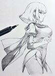  1girl art_tools_in_frame breasts cape commentary_request cropped_legs graphite_(medium) greyscale groin gundam gundam_zz haman_karn highres large_breasts looking_at_viewer monochrome no_pants photo_(medium) puffy_sleeves seishun_dendeke short_hair simple_background solo standing traditional_media white_background 