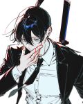 1boy absurdres black_hair black_jacket black_necktie blood blood_on_face blue_eyes chainsaw_man collared_shirt commentary_request hair_between_eyes hand_on_own_cheek hand_on_own_face hand_on_own_opposite_cheek hayakawa_aki highres hrak_mumi jacket male_focus necktie shirt short_hair simple_background solo suit sword sword_on_back topknot weapon weapon_on_back white_background white_shirt 