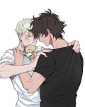  2boys al_(ahr) asuka_ryou black_shirt blush burger commentary devilman devilman_crybaby feeding food fudou_akira hand_on_another's_shoulder holding holding_burger holding_food male_focus multiple_boys pulling_another's_clothes shirt short_hair short_sleeves upper_body white_background white_shirt yaoi 