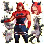  >_< 1boy belt biting biting_another's_arm bodysuit commentary_request dancing dazzling3ti fake_horns hair_between_eyes heart highres hood horned_hood horns looking_at_viewer looking_to_the_side male_focus mightyena multiple_views muscular muscular_male pokemon pokemon_(creature) pokemon_ruby/sapphire/emerald poochyena purple_hair red_belt ribbed_bodysuit shaded_face short_hair tabitha_(pokemon) team_magma team_magma_uniform 