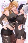  2girls black_hair blonde_hair blush breasts closed_mouth commentary covered_navel dress english_commentary english_text hand_on_own_hip heterochromia highres kabedon large_breasts long_hair luna_snow magik's_crown magik_(x-men) marvel marvel_rivals medium_breasts multicolored_hair multiple_girls navel pantyhose parted_lips prywinko see-through_clothes see-through_dress short_hair torn_clothes torn_pantyhose two-tone_hair white_hair x-men yuri 
