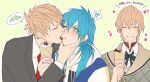  !? 3boys black_jacket blue_hair brothers brown_hair closed_mouth commentary_request dramatical_murder dress_shirt food holding holding_food hood hood_down jacket kuwa_ayase licking licking_another's_cheek licking_another's_face long_hair male_focus multiple_boys neck_ribbon necktie noiz_(dramatical_murder) one_eye_closed outline red_necktie ribbon seragaki_aoba shirt siblings speech_bubble spoken_interrobang suit_jacket surprised theo_(dramatical_murder) translation_request white_outline white_shirt yaoi 