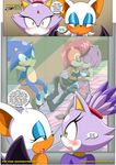  anthro bbmbbf blaze_the_cat blush clothing comic dialog female hedgehog kissing lesbian male mammal mobius_unleashed palcomix rouge_the_bat sally_acorn sega sonic_(series) sonic_the_hedgehog text 