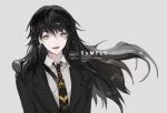  1girl artist_name black_hair black_jacket black_necktie black_suit black_theme carriann000 collared_shirt earrings eyelashes floating_hair formal_clothes grey_background hair_between_eyes highres jacket jewelry long_hair looking_at_viewer necktie original print_necktie red_lips shirt simple_background smile solo suit tongue tongue_out upper_body watermark white_shirt wind yellow_eyes 
