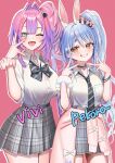  +_+ 2girls absurdres ahoge alternate_costume animal_ear_piercing animal_ears arale_(ara1e) black_bow black_bowtie black_ribbon black_scrunchie blue_eyes blue_hair blush bow bowtie breasts cardigan cardigan_around_waist character_name clothes_around_waist collared_shirt commentary_request diagonal-striped_bow don-chan_(usada_pekora) double_v fingernails grey_skirt grin gyaru hair_intakes hair_ornament hair_ribbon hair_scrunchie highres hololive hololive_dev_is kikirara_vivi kogal large_breasts long_hair looking_at_viewer multicolored_hair multiple_girls nail_polish official_alternate_costume official_alternate_hairstyle one_eye_closed open_mouth pink_cardigan pink_hair pink_lips pink_nails pink_scrunchie plaid_clothes plaid_skirt purple_hair rabbit_ears rabbit_girl rabbit_ornament red_eyes ribbon school_uniform scrunchie shirt short_sleeves side_ponytail simple_background skirt smile striped_bow teeth thighs tongue two-tone_hair usada_pekora usada_pekora_(12th_costume) v virtual_youtuber white_bow white_shirt wrist_scrunchie wristband 