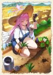  1girl angel_wings blue_archive blue_overalls breasts cabbage carrot commentary day denim denim_overalls dirt eggplant english_commentary farm farming feathered_wings fence food hair_bun halo hat highres holding holding_food holding_trowel holding_vegetable linear_71 long_hair low_wings mika_(blue_archive) outdoors overall_shorts overalls pink_hair pink_halo post_and_rail_fence radish shirt single_side_bun sky squatting sun_hat tomato trowel vegetable watering_can wheat wheat_field white_shirt white_wings wings wooden_fence yellow_eyes 