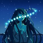  1girl absurdres bow bowtie closed_mouth collared_shirt commentary frilled_shirt_collar frills highres houraisan_kaguya kitnoko long_hair long_sleeves looking_at_viewer moon_phases moon_phases_over_eye night outdoors shirt skirt smile solo star_(sky) touhou very_long_hair wide_sleeves 