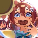  2girls absurdres ahoge blue_bow blue_bowtie blue_eyes blue_sailor_collar bow bowtie broken_heart brown_hair cardigan commentary cookie drooling english_commentary evil_neuro-sama evil_neuro-sama_(1st_costume) food hair_between_eyes hair_ornament hair_ribbon heart heart_hair_ornament highres holding_lid jar long_hair mouth_drool mouth_hold multiple_girls neuro-sama neuro-sama_(1st_costume) portrait red_bow red_bowtie red_eyes red_ribbon ribbon sailor_collar siblings sisters sparkling_eyes tanhuluu twins vedal_ai yellow_cardigan 
