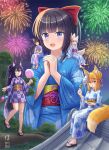  5girls :d aerial_fireworks animal_ear_fluff animal_ears black_hair black_sandals blonde_hair blue_eyes blue_kimono brown_eyes brown_hair cat_ears checkered_clothes checkered_kimono commentary_request fireworks folded_ponytail fox_ears fox_girl fox_tail giant giantess hair_between_eyes highres in_tree iroha_(iroha_matsurika) japanese_clothes kimono kohaku_(iroha_(iroha_matsurika)) koyoi_(iroha_(iroha_matsurika)) kunoichi-chan_(iroha_(iroha_matsurika)) long_sleeves multiple_girls mutsuki_(iroha_(iroha_matsurika)) night obi on_roof original outdoors own_hands_clasped own_hands_together sandals sash sitting sitting_on_shoulder sky smile tail tree white_kimono wide_sleeves wolf_ears wolf_girl wolf_tail yagasuri yukata zouri 