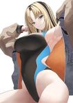  1girl armpits black_one-piece_swimsuit black_streaks blonde_hair braid breasts closed_mouth commentary competition_swimsuit covered_navel curtained_hair green_eyes grey_jacket hands_up highleg highleg_one-piece_swimsuit highres hololive hololive_dev_is jacket koganei_niko large_breasts long_hair looking_at_viewer multicolored_hair one-piece_swimsuit orange_jacket raglan_sleeves si_farid side_braid simple_background sitting slit_pupils smile solo streaked_hair sukajan swimsuit two-sided_fabric two-sided_jacket virtual_youtuber white_background 