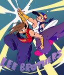  2boys arm_up baggy_pants bare_shoulders baseball_cap black_hair black_pants blue_hat blue_pants blue_trim braid bridal_gauntlets brothers brown_eyes brown_hair burakku_mutou chinese_clothes commentary_request english_text floating_hair full_body furrowed_brow green_background grin hat highres jitome long_bangs long_hair male_focus mandarin_collar multicolored_hat multiple_boys open_mouth outstretched_arm pants red_shirt shirt short_hair short_sideburns siblings sideburns skateboard sleeveless sleeveless_shirt smile street_fighter street_fighter_iii_(series) toned toned_male twins v-shaped_eyebrows white_shirt yang_lee yellow_bridal_gauntlets yellow_hat yellow_trim yun_lee 