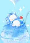  animal_focus cherry closed_eyes closed_mouth commentary_request food fruit highres lying natu_a0z0ra no_humans on_stomach pokemon pokemon_(creature) pokemon_focus shaved_ice simple_background snom spoon white_background 