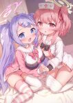  2girls :d areola_slip asymmetrical_legwear bed black_bow black_dress blue_archive blue_eyes bow bow_panties breasts clothes_pull commentary_request curtains dress ezoshika fang hair_ornament hair_ribbon hairclip halo hanae_(blue_archive) hat holding_hands indoors interlocked_fingers jacket kneeling large_breasts long_hair long_sleeves medium_breasts mismatched_legwear multiple_girls no_shoes nurse_cap on_bed one_side_up open_clothes open_dress open_jacket oppai_loli panties pantyhose pantyhose_pull pink_hair pink_jacket pink_panties puffy_long_sleeves puffy_sleeves purple_hair red_eyes red_ribbon ribbon sailor_collar serina_(blue_archive) shirt sitting smile striped_clothes striped_thighhighs thighhighs tile_floor tiles twintails underwear very_long_hair white_dress white_hat white_panties white_pantyhose white_sailor_collar white_shirt white_thighhighs yokozuwari 