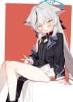 1girl animal_ears black_dress blue_archive blue_halo blush breasts chinese_clothes clothing_cutout commentary diamond_cutout dress grey_hair halo highres jacket kokona_(blue_archive) long_hair long_sleeves looking_at_viewer multicolored_hair open_mouth orange_eyes qipao simple_background sleeveless sleeveless_dress small_breasts solo streaked_hair striped_clothes striped_dress striped_jacket subachi tiger_ears tiger_girl v vertical-striped_clothes vertical-striped_dress vertical-striped_jacket 