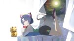  1girl absurdres alternate_costume animal_ear_fluff animal_ears black_skirt blue_eyes blue_hair blue_shirt calico_(pattern) cape cat_ears cat_girl cat_tail commentary english_commentary green_shirt hairband high_heels highres kemonomimi_mode legs_up long_sleeves looking_at_viewer lying maneki-neko multicolored_hairband multicolored_shirt no_noru on_stomach one_eye_closed purple_shoes rainbow_gradient rainbow_hairband sample_watermark shirt shoes skirt solo tail tenkyuu_chimata touhou watermark white_cape white_shirt 