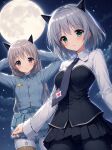  2girls animal_ears asakura_saki black_necktie black_pantyhose blue_eyes blush breasts cat_ears cat_girl commentary_request eila_ilmatar_juutilainen fox_ears fox_girl full_moon green_eyes grey_hair highres jacket looking_at_viewer medium_breasts moon multicolored_jacket multiple_girls necktie night outdoors panties pantyhose photoshop_(medium) sanya_v._litvyak short_hair strike_witches two-tone_jacket underwear white_pantyhose world_witches_series 
