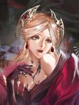  1girl absurdres blonde_hair chessboard commentary eirene_(path_to_nowhere) elbow_gloves english_commentary fangs gloves hand_up heterochromia highres kinquinnn official_alternate_costume official_alternate_hairstyle parted_bangs path_to_nowhere portrait solo 