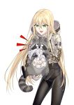  1girl absurdres animal black_leggings blonde_hair camouflage camouflage_jacket cropped_jacket feet_out_of_frame girls'_frontline green_eyes highres holding holding_animal hood hood_down hooded_jacket jacket leggings long_hair long_sleeves looking_down official_alternate_costume open_mouth sidelocks simple_background skin_tight smile solo standing stg44_(girls'_frontline) stg44_(wilderness_search)_(girls'_frontline) suprii white_background 