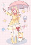  1girl ahoge animal animal_ear_hood animal_ears animal_print ankle_socks asymmetrical_legwear blunt_bangs boots bow bowtie brooch brown_eyes cat cat_ears cat_print chinese_commentary cloak clothed_animal cloud commentary_request dress ear_covers fake_ahoge frilled_sleeves frills full_body grid_background hair_ornament hexagram highres holding holding_umbrella hood hood_up hooded_cloak hooded_dress infinity_nikki jewelry kneehighs long_sleeves medium_dress mismatched_legwear mismatched_socks momo_(nikki) momo_rain_(infinity_nikki) nikki_(nikki) nikki_(series) open_mouth outline outstretched_arm pink_background pink_umbrella pleated_dress print_dress puffy_long_sleeves puffy_sleeves red_bow red_bowtie rubber_boots shadow shanfengzhu single_kneehigh single_sock smile socks solid_oval_eyes sparkle standing star_(symbol) star_hair_ornament striped_clothes striped_socks traditional_bowtie umbrella white_cat white_outline white_socks yellow_boots yellow_cloak yellow_dress 