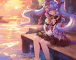  1girl blue_hair closed_mouth cloud cloudy_sky commentary_request dress eye_mask floating_hair heterochromia highres holding jacket jewelry long_hair mask mask_on_head mia_mia multicolored_hair ocean orange_sky pink_eyes pink_hair purple_hair roccia_(wuthering_waves) sitting sky smile solo sunset tacet_mark_(wuthering_waves) twintails two-tone_hair water white_dress wind wuthering_waves yellow_eyes 