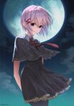  1girl absurdres arms_behind_back backlighting black_capelet black_pantyhose black_skirt capelet cloud collared_shirt commentary cowboy_shot cross cross_print eyebrows_hidden_by_hair eyelashes floating_hair frilled_skirt frills full_moon hair_between_eyes hair_ornament hairclip highres looking_at_viewer moon multiple_hairclips necktie nemophila_(artist) night otonashi_ayana otonashi_ayana_(tsui_no_sora_(remake)) outdoors pantyhose parted_lips pink_hair pleated_skirt print_necktie purple_eyes red_necktie school_uniform shirt short_hair sidelocks skirt sky smile solo tareme tsui_no_sora tsui_no_sora_(remake) white_shirt 