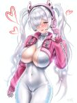  1girl absurdres alice_(nikke) alice_(nikke)_(cosplay) animal_ears blush bodysuit breasts cinderella_(nikke) commentary_request cosplay covered_nipples fake_animal_ears gloves goddess_of_victory:_nikke grey_hair hair_over_one_eye headphones heart highres impossible_bodysuit impossible_clothes large_breasts latex latex_bodysuit long_hair looking_at_another multicolored_gloves one_eye_closed one_eye_covered open_mouth pink_gloves red_eyes simple_background skin_tight smile taka_(cactus) twintails two-tone_gloves white_background white_bodysuit 