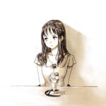  1girl blush breasts closed_mouth collarbone collared_shirt commentary food glass graphite_(medium) highres ice_cream ice_cream_spoon jun_(navigavi) light_blush lips long_hair looking_to_the_side monochrome multiple_scoops nose original plate pov_across_table round_collar shadow shirt short_sleeves sideways_glance sketch small_breasts solo spoon traditional_media upper_body 