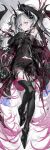  1girl absurdres black_hands black_nails black_thighhighs black_wings blush body_markings breasts chest_tattoo choker colored_extremities commentary_request covered_navel crossed_bangs demon_girl demon_horns demon_wings ear_piercing fate/grand_order fate_(series) full_body green_eyes grey_hair hair_between_eyes highres horns kousaki_rui lilith_(fate) lilith_(second_ascension)_(fate) long_hair looking_at_viewer lying medium_breasts on_back piercing pointy_ears see-through_clothes solo stomach_tattoo tattoo thighhighs twintails very_long_hair white_hair wings 