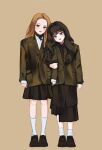  2girls bad_id bad_twitter_id blonde_hair blunt_bangs blush brown_hair commentary full_body gfriend highres jacket leaning_to_the_side locked_arms long_hair looking_at_viewer multiple_girls rin_yes2 shirt shoes simple_background skirt smile socks sowon_(gfriend) standing untranslatable_commentary white_shirt white_socks yerin_(gfriend) 