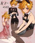  1boy animal_ears black_bow black_bowtie black_leotard black_shorts blonde_hair blue_eyes bow bowtie cloud_strife commentary_request crossdressing crossdressing_(mtf) detached_collar detached_sleeves dress earrings fake_animal_ears final_fantasy final_fantasy_vii highres holding holding_plate jewelry leotard male_focus male_playboy_bunny multiple_views pantyhose pink_dress pink_sleeves plate rabbit_ears shorts strapless strapless_leotard suisui_434 thighhighs trap white_thighhighs 