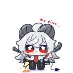  1girl :< ahoge black_gloves black_horns black_pants candy chibi chibi_only closed_mouth collared_shirt commentary_request curled_horns demon_tail english_text food frown gloves hair_between_eyes highres holding holding_food holding_pizza horns long_hair looking_at_viewer medium_hair mole mole_under_eye multicolored_hair necktie pants pizza red_eyes red_necktie sad shirt simple_background solo standing streaked_hair syurikenmaru tail tearing_up white_background white_hair white_shirt wuthering_waves zani_(wuthering_waves) 